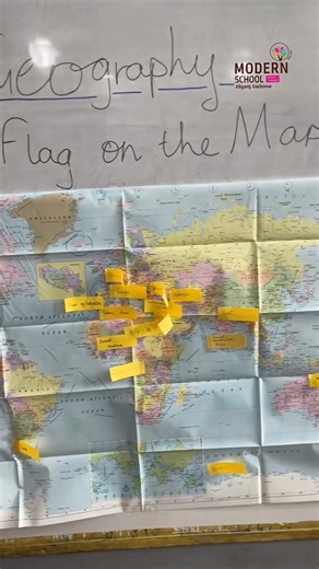 Modern School on Instagram: "🌍✨ Activity: Flag on the Map Grade 7 Geography in Action! Our Grade 7 learners participated in an exciting Flag on the Map activity where they used small paper flags to locate places on a world map. 🗺️📍✨ Students picked chits containing clues like country names, states, oceans, rivers, and famous landmarks. They then raced to find the correct location and mark it with their flag! 🚩🌎 This fast-paced and interactive activity helped strengthen their map-reading ski