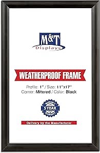 M&T Displays Weatherproof Snap Poster Frame 11x17 Inch Black 1" Aluminum Profile Front Loading Wall Mounting Picture Photo Document Certificate Sign Holder Mitered Corner Anti Glare Cover