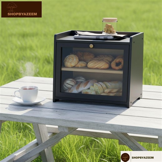 Black Bamboo Bread Box With Acrylic Door, Large Countertop Bread Storage, Modern Farmhouse Kitchen Organizer With Shelf - Etsy