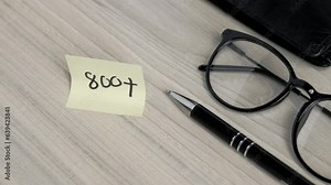 sticking a yellow sticky note with the inscription "800+" on a wooden tabletop, glasses and a wallet next to it (selective focus)
