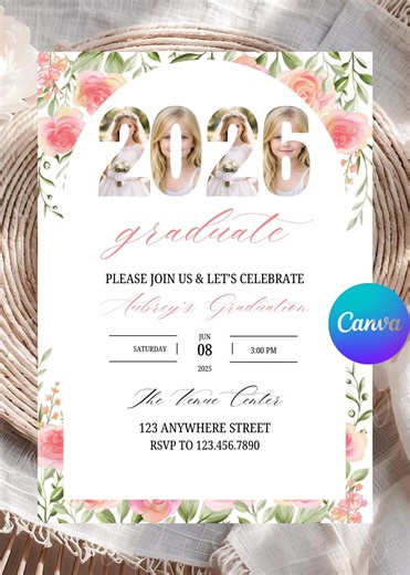 2026 Girl Floral Graduation Invitation, Class of 2026 Invite, Modern Graduation Announcement, Open House Grad Party, Editable and Printable - Etsy Canada