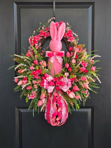 Flocked Bunny Easter Wreath, Pink Tulip, Cherry Blossom Door Hanger, Beaded Grass Swag - Etsy