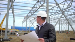 male engineer architect supervisor in hard hats working with drawing blueprint and discussing plan, checking quality of object on construction site. Businessman engineers builders architect man 4 K