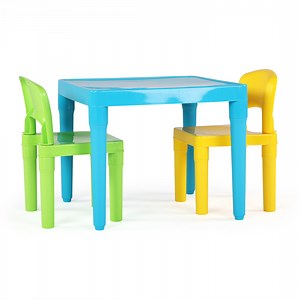 Humble Crew Island Toddler Lightweight Plastic Table and 2 Chairs Set, Square Turquoise Table & Green/Yellow Chairs
