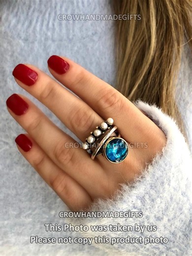 Natural Pearl Ring & Abalone Shell – Sterling Silver Stacking Ring – Boho Ocean Jewelry – Handmade Statement Ring – Gift for Her - Etsy