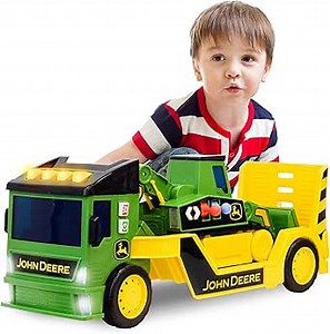 John Deere 2ft Extra Large Mega Mover Dual Joystick Motorized Trucks: Front Loader & Hoe with Trailer, Lights, Sounds Construction Toys for Kids 3+
