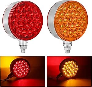 2PCS 4 Inch Round Double Face LED Pedestal Fender Lights, Amber/Red 48 LED Stop Turn Tail Signal Light for Semi Truck, Peterbilt, Kenworth, Freightliner Tractor DOT Compliant 10-30V