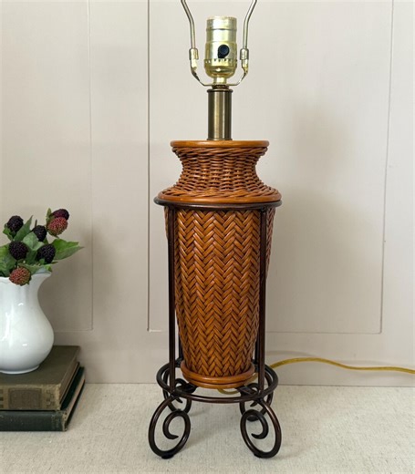 Vintage Wicker Metal Table Lamp • Rustic Herringbone Woven Lamp Base - Etsy