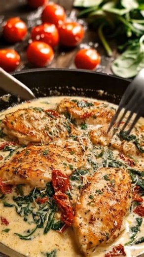 Creamy Tuscan Chicken Skillet Ingredients 4 boneless skinless chicken breasts 1 teaspoon salt 1 teaspoon black pepper 1 teaspoon garlic powder 1 teaspoon Italian seasoning 2 tablespoons olive oil Tuscan Cream Sauce 2 tablespoons butter 4 cloves garlic, minced 1 cup heavy cream 1 half cup chicken broth 1 half cup grated Parmesan cheese 1 third cup sun-dried tomatoes, sliced 2 cups fresh spinach 1 half teaspoon black pepper Directions 1. Season both sides of the chicken breasts with salt, black pe