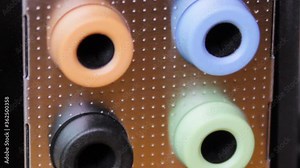 audio computer input,close up of the back panel of a computer sound card