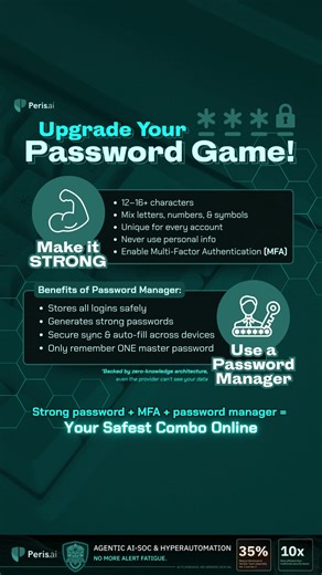 💡 Weak passwords remain one of the easiest ways for cybercriminals to break into accounts, but you can change the game. Maximum protection starts with stronger password habits. Level up your password game with these easy steps! #PasswordSecurity #CyberAwareness #OnlineSafety #MFA #PasswordManager #DataProtection #AccountSecurity #DigitalSafety #PerisAI #Cybersecurity #YouBuild #WeGuard