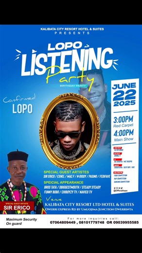The man of the Year 🔥🔥 LOPO (leave other people’s opinion) aka Onyenekwu …. Fam ❤️i wish i could get the right word that will suit and explain to you guys how Tomorrow listening party will be…come and be entertained by THE Strongest Fearles Bravest Craziest Kindest Sweetest Dopest Infact Add yours as we Asamble tomorrow at kalibata city hotel | OfficialLopo