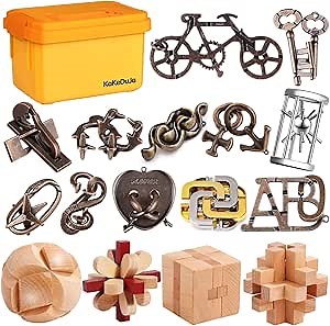 16 PCS Metal & Wooden Brain Teaser Puzzle Set – Challenging Logic & Ring Puzzles for Adults, Entertaining & Thoughtful Gift for Family and Loved Ones