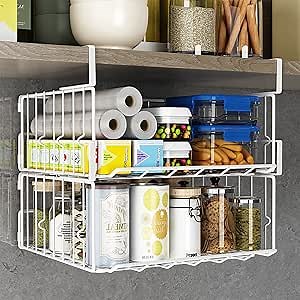 PowerKing Under Shelf Storage Baskets, Foldable Metal Wire Rack Basket, 2 Pack, White