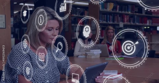 Woman tapping tablet and causing motion icons and book laptop overlay filling foreground for study