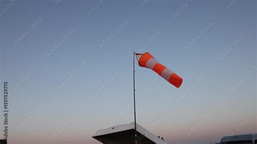 windsock blowing in evening breeze showing wind direction on airfield with clear gradient sky and vehicle roof below, concept of aviation, weather forecasting, flight school