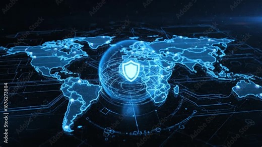global cyber security technology concept with blue digital world map and shield icon representing network protection data safety and internet privacy in a futuristic high tech style
