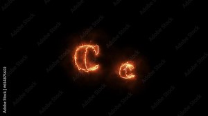 Fire alphabet letters C c capatil and small letter isolated, outline fire and glowing on black background.