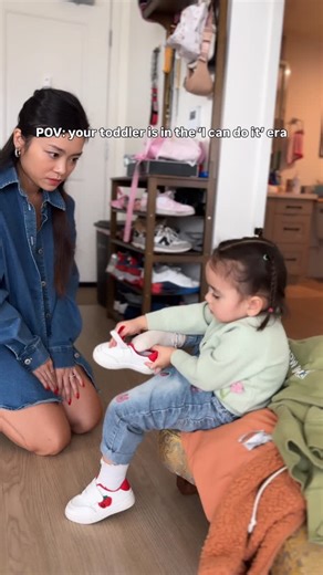 Mommy Lola and baby Kaya on Instagram: "Watching her figure it out 🥰 Letting them try, even when it takes longer, teaches them confidence. Sitting patiently beside them teaches something too: that they’re trusted, supported, and safe to figure things out in their own time. This stage is just as much about patience as it is about independence 🤗 Who else is in the “I can do it” era? 🥹 #toddlermom #toddlerlife #momlife #parenthood"