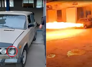 James Bond Fan Turns Headlights on Lada 2106 Car Into Flamethrowers