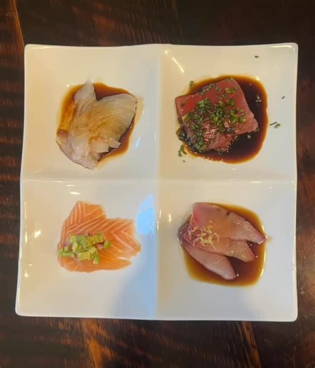 Our newest edition to the sushi menu… SASHIMI TASTING 🍣 Four different fish, four different ways. Come try today! | Iovino's Neighborhood Brasserie