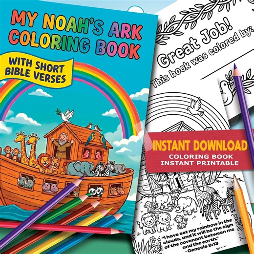 Noah's Ark Coloring Book for Kids | Bible Story Printable | Christian Sunday School Craft | Cute Animals & Verses | Instant Download - Etsy