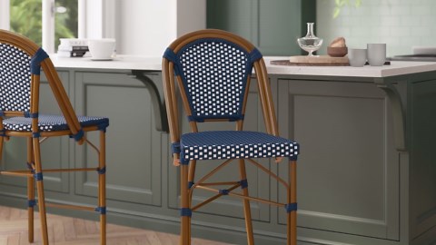 Check The Home Depot's Q&A Before Buying: TAYLOR + LOGAN 41.5 in. Blue/White/Natural Mid-Back Metal Bar Stool with Rattan Seat (Set of 2)
