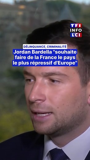 💬 "Je souhaite faire de la France le pays le plus répressif d'Europe à l'égard de la délinquance et de la criminalité", a déclaré Jordan Bardella au micro de Darius Rochebin. ▶️ Retrouvez l'interview en intégralité sur Youtube LCI. #info #lci #bardella | TF1 INFO
