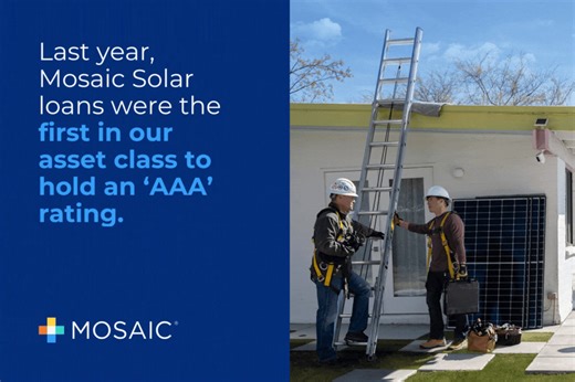 Last year, Mosaic Solar loans were the first in our asset class to hold an ‘AAA’ rating. We prioritize contractor and homeowner protections to offer the highest quality of loans. Check out our full infographic celebrating 10 years of solar loans on our website: https://bit.ly/4ad8PgS #Solar | Mosaic | Facebook