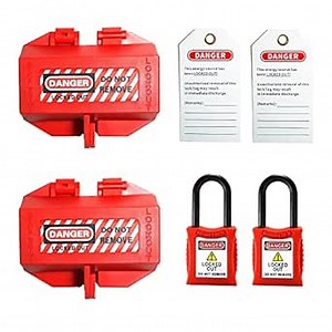 Loto Lockout Tagout Plug Lock Set 6pcs - OSHA Compliant Electrical Plug Cover BAN-D42|Lockout Tagout Safety Tags Legend “Danger” BAN-P01|Safety Loto Locks Dielectric Shackle BAN-202 Red