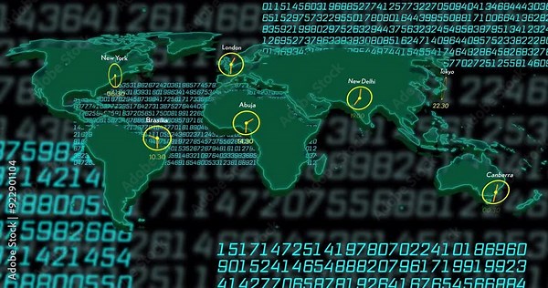 World map with clocks showing different time zones and binary code animation Stock Video