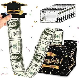 2025 Graduation Money Box for Cash Gift, Black Graduation Money Holder with 10 DIY Letter Papers for Your Weshes, Surprise Money Box for Cash Gift Pull with 30 Pcs Clear Bags(Graduation-Black)