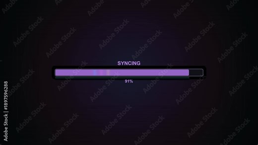 Loading progress bar animation showing syncing process at 100 percent completion in a digital display