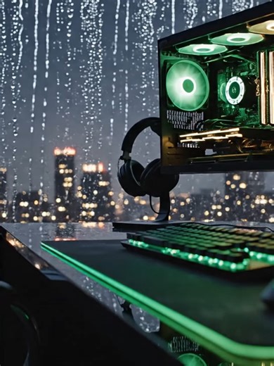 Rain outside. Empire inside. 🌧️🔱 There’s a certain kind of focus that only comes at night. When the city is covered in rain and the world goes quiet, the Sanctuary truly comes alive. ⚡🌑The deep pulse of Empire Green reflecting off the glass—this is where strategy meets serenity. No distractions. Just pure, atmospheric performance. 🔋✨The ultimate mood for the late-night grind.Are you a night owl or a morning person? 👇 🚀 Find your focus at @vantagegaming.ai #nightvibes #rainyday #pcsetup #va