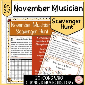 November Music Scavenger Hunt Code Breaker, Composer of the Month Literacy Quest