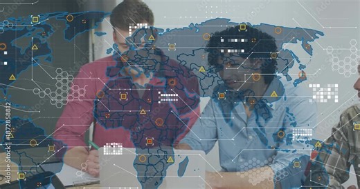 male business analysts writing, pointing at laptop, initiating map overlay growing into clusters