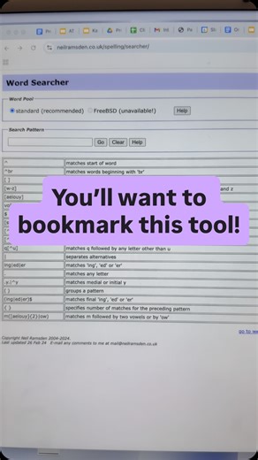 This is a great tool to use to create word lists for students. Google “Neil Ramsden word searcher.” SHARE with your fellow word nerds! #structuredliteracy #structuredwordinquiry #slantsystem #scienceofreading #readingtools | Slant System Orton-Gillingham Structured Literacy