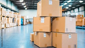 Overview of a warehouse interior with cardboard box stacks ready to shipping. E-commerce distribution and Logistic.