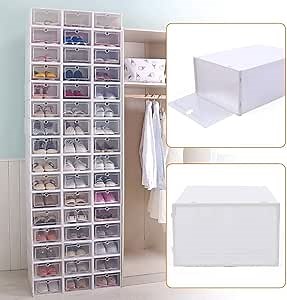 20/24 Pack Clear Clamshell Shoe Storage Boxes,Stackable Shoe Box Organizer,Up to Size 11/12,Need Assembly(20PCS A