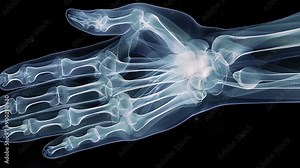 Video of human hand's blue x-ray, hand bones. 4k HD video footage for learning science, biology, human's anatomy.