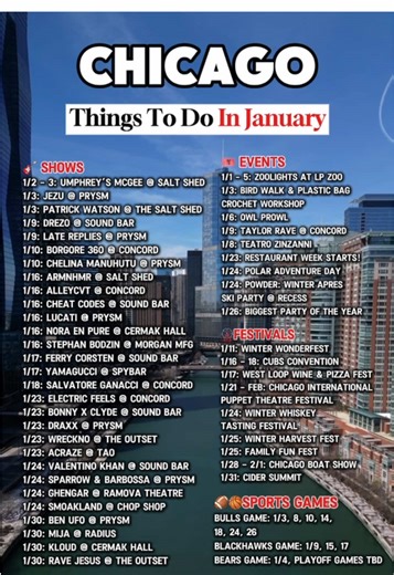 ❄️ Things to do in January in Chicago! Concerts, sports games, events, and winter festivals - the city doesn’t slow down just because it’s cold 🏙️✨ #thingstodoinchicago #chicagoevents #chicagowinter #chicagoconcerts #chicagosports