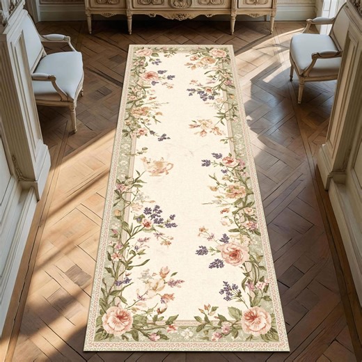 Romantic French Country Runner Rug for Hallway, Vintage Cottagecore Embroidered Look Mat, Pink Green Shabby Floral Decor - Etsy