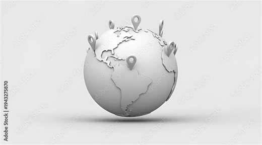 3D Grayscale Globe with Location Pins and Animated Global Connections