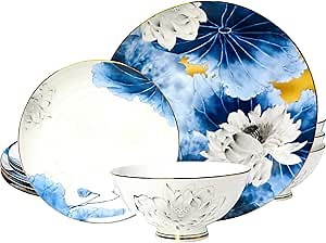 Fine Bone China Dinnerware Set for 4, 12-Piece Blue and White Porcelain Dinnerware Set, Dinner Plates and Salad/Dessert Plate Set with Bowls Service for 4