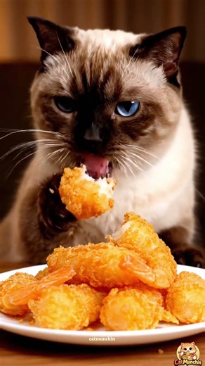 Cute Cat Eating Crispy Fried Shrimp