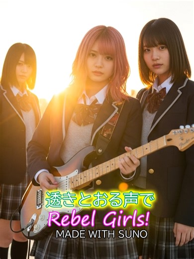 AI曲「透きとおる声で☆彡RebelGirls」 Spotify YouTubeMusic AppleMusicなど各音楽配信サービスにて配信☆彡 「Rebel Girls」 https://linkco.re/85NR6nNM Generative AI Content 「Girls Rock Band」 MADE WITH SUNO #suno #テンション高め #ガールズバンド #SOUND #sunoV5 #オリジナル曲 #生成ai