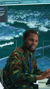 Vertical Video Soldiers in a modern command center analyze live data from cctv radar sources, satellite feeds and surveillance systems. Intelligence to support strategic planning and military