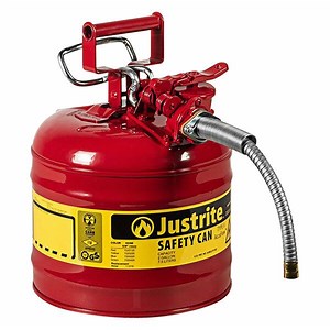 Justrite 2 Gallon Type II Red Steel Gas / Flammables AccuFlow Safety Can with 5/8" Diameter Metal Hose and Flame Arrester 7220120