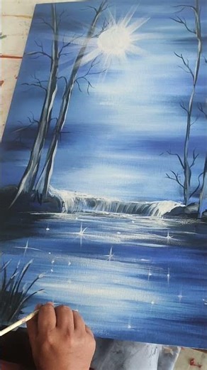 Moonlight Painting | Easy Acrylic Landscape Tutorial Blue Night Scenery# Painting #..#