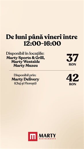 O combinație perfectă pentru pauza de prânz! Alege o supă și un fel principal din cele 4 opțiuni disponibile pentru fiecare categorie. Disponibil în locațiile Marty Sports&Grill și Marty Muzeului. | Marty Restaurants